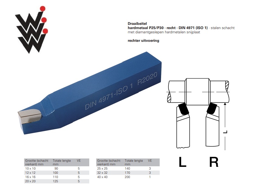 Draaibeitel DIN4971 ISO1 Gr.10x10mm HMP25/P30 Rechts