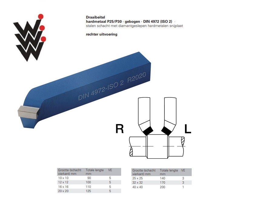 Draaibeitel DIN4972 ISO1 Gr.10x10mm HMP25/P30 Gebogen Rechts