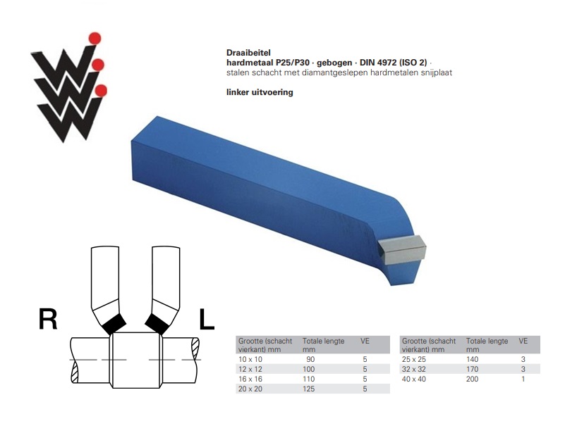 Draaibeitel DIN4972 ISO2 Gr.10x10mm HMP25/P30 Gebogen Links