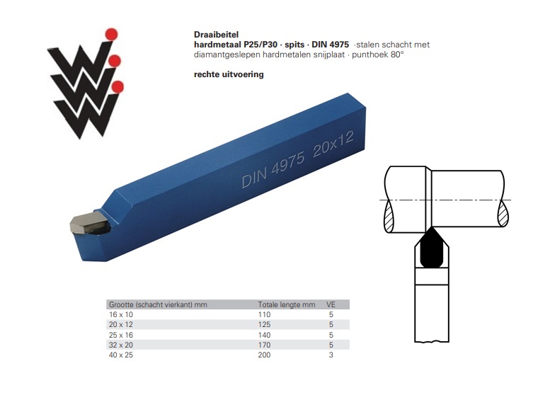 Draaibeitel DIN4975 Gr.16x10mm HM P25/P30 rechte spits