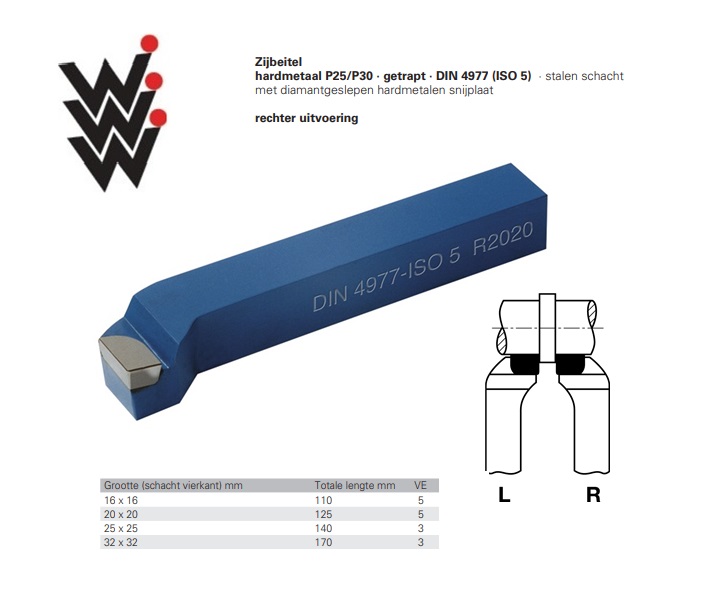 Zijbeitel DIN4977 ISO 5 Gr.12x12mm HM P25/P30 Rechts