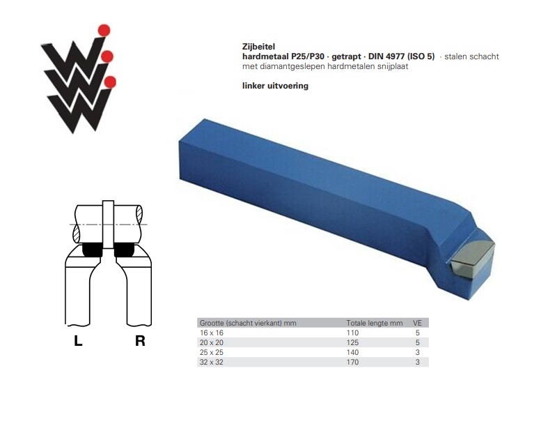 Zijbeitel DIN4977 ISO 5 Gr.12x12mm HM P25/P30 Links