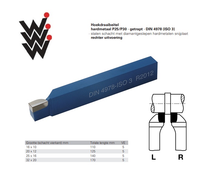 Hoekbeitel DIN4978 ISO 3 Gr.16x10mm HM P25/P30 Rechts