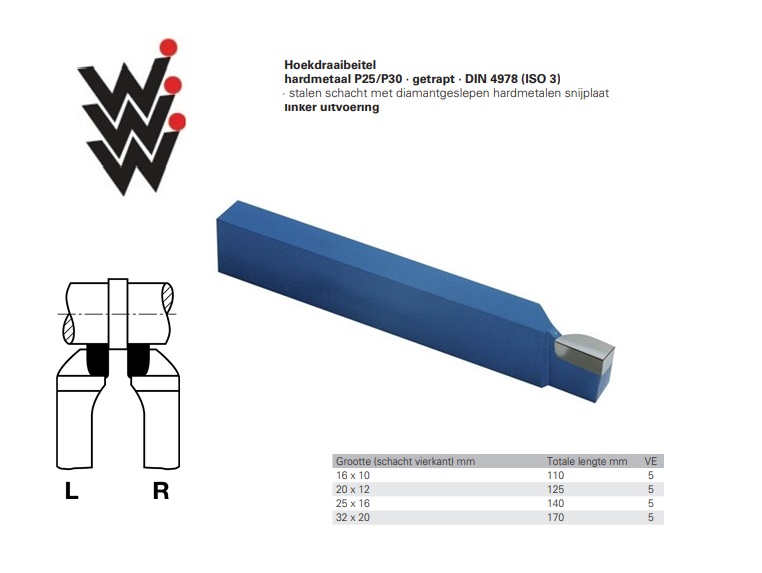 Hoekbeitel DIN4978 ISO3 Gr.16x10mm HM P25/P30 Links