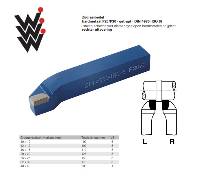 Draaibeitel 10x10mm HM DIN4980 ISO 6 P20/P30 Rechts