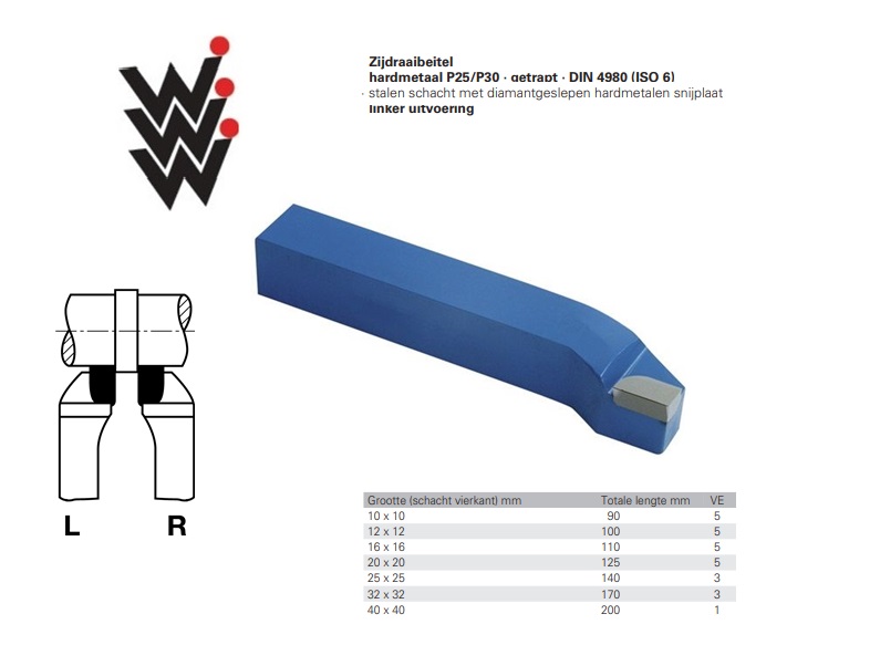 Draaibeitel DIN4980 ISO6 Gr.10x10mm HM P25/P30 Links