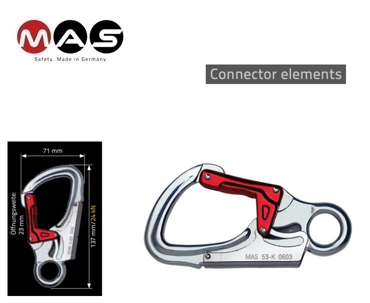 Karabijnhaak van aluminium MAS 53 K openingsbreedte 23 mm EN 362