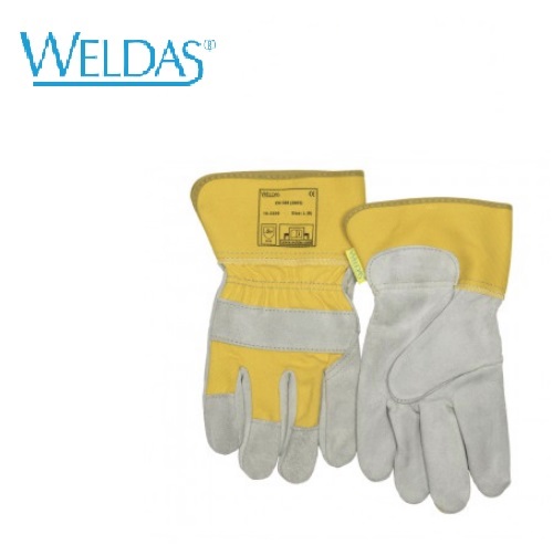 Werkhandschoen met veiligheidskleuren, elastiek op de rugzijde, gemaakt van Lava Brown split rundle | DKMTools - DKM Tools