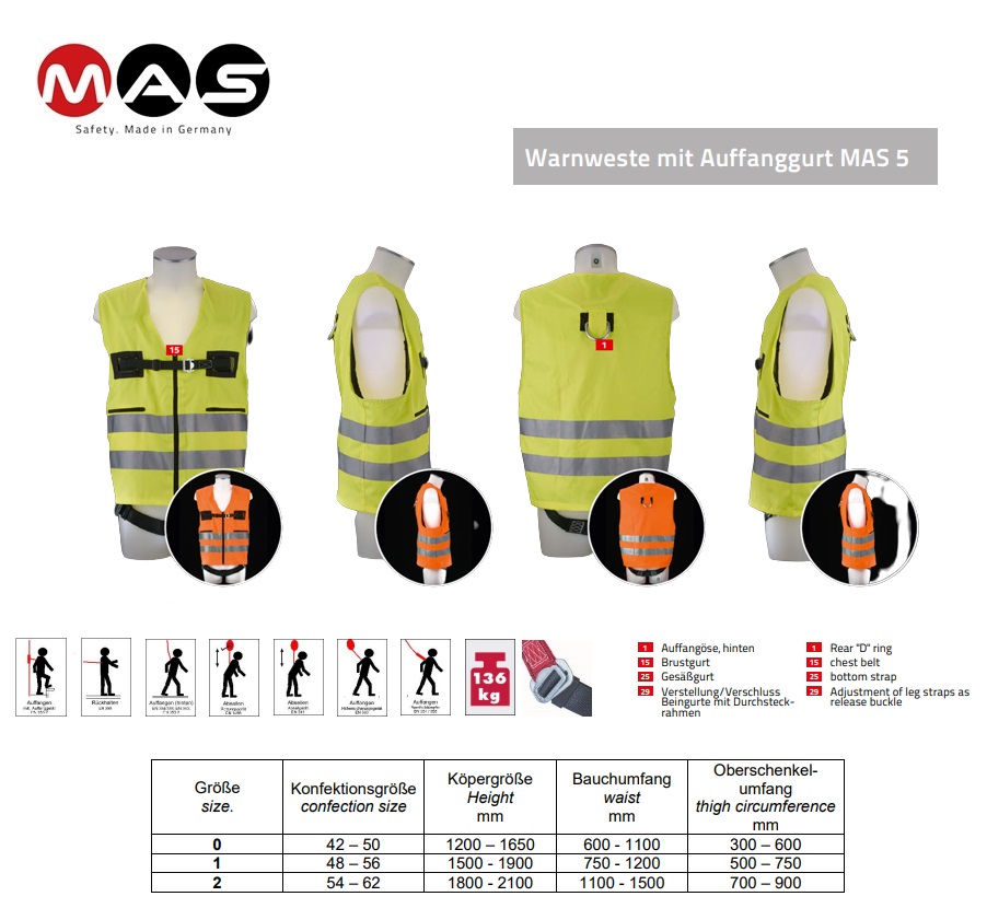 Vest met veiligheidsharnas Geel MAS 5 maat 2 (56-62)