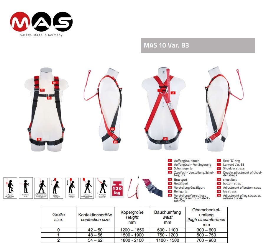 Veiligheidsharnas MAS 10 Var. B 3 EN 361 maat 48-56