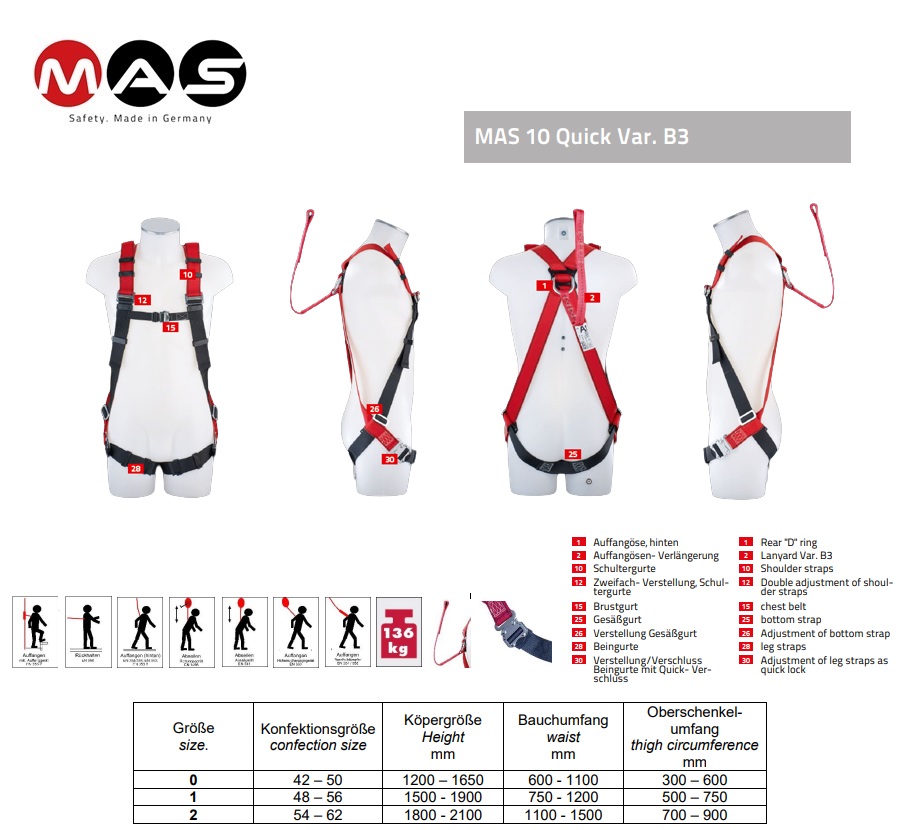 Veiligheidsharnas MAS 10 Quick Var. B 3 EN 361 maat 48-56