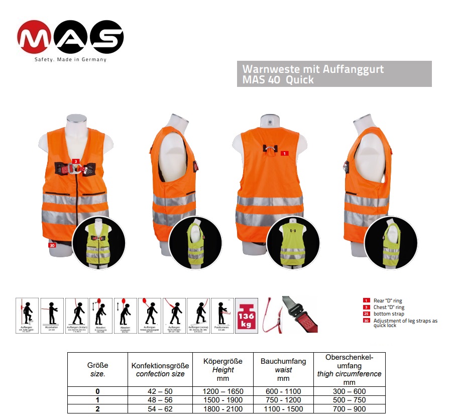 Vest met veiligheidsharnas Oranje MAS 40 Quick maat 44-54