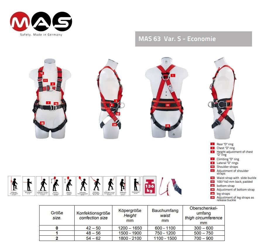 Veiligheidsharnas MAS 63 Var. S Economie EN 361 + 358 maat 48–56