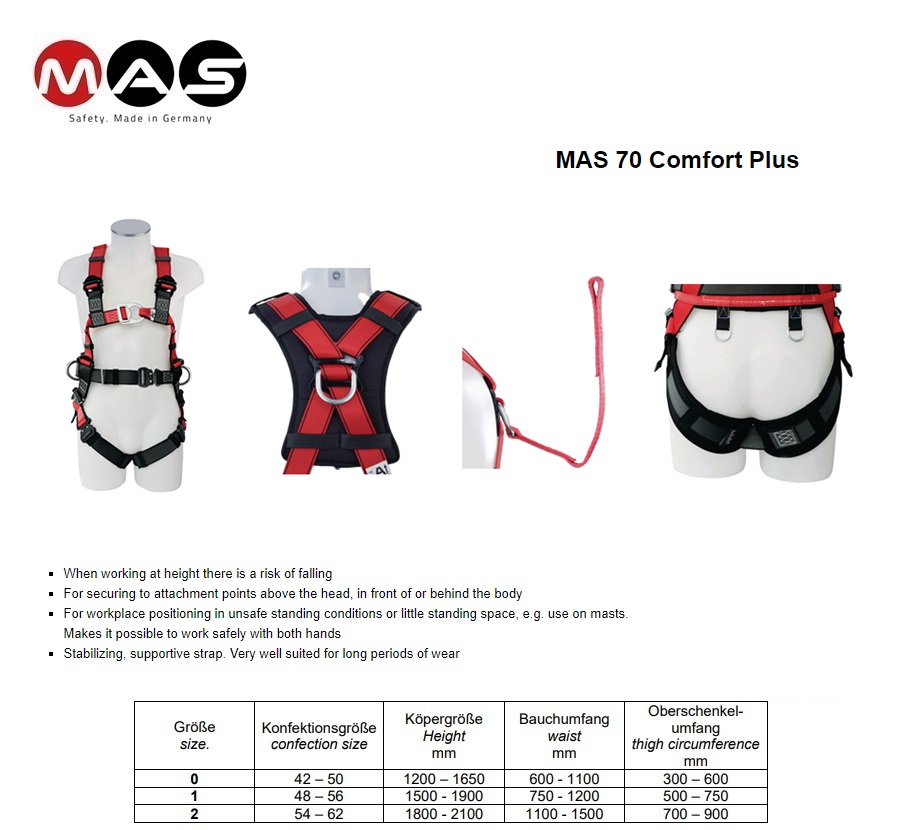 Veiligheidsharnas MAS 70 Quick Comfort plus EN 361 + 358 maat 48-56