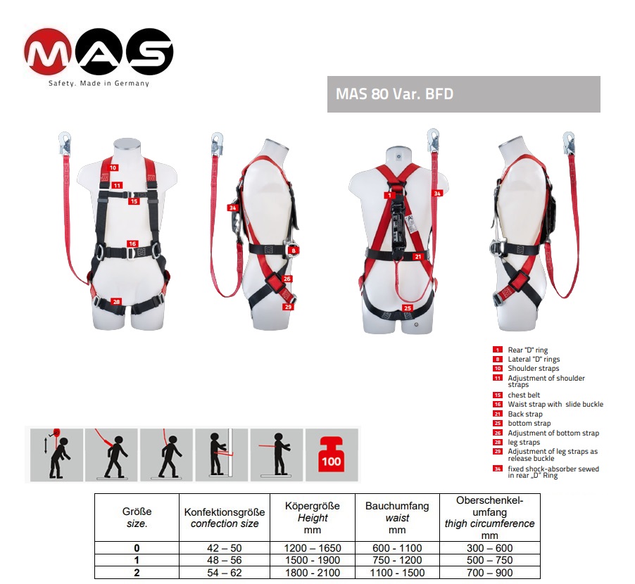 Veiligheidsharnas MAS 80 EN 361 + 358- BFD 3 met MAS 51, 1,5m maat 48-56