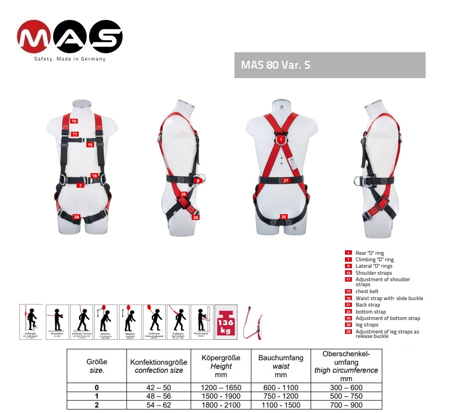 Veiligheidsharnas MAS 80 Var. S EN 361 + 358 oogje maat 48-56