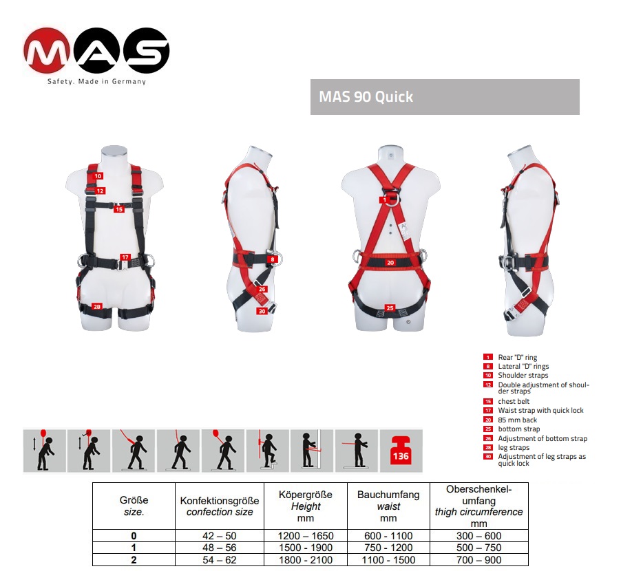 Veiligheidsharnas MAS 90 Quick EN 361 + 358 maat 42-50