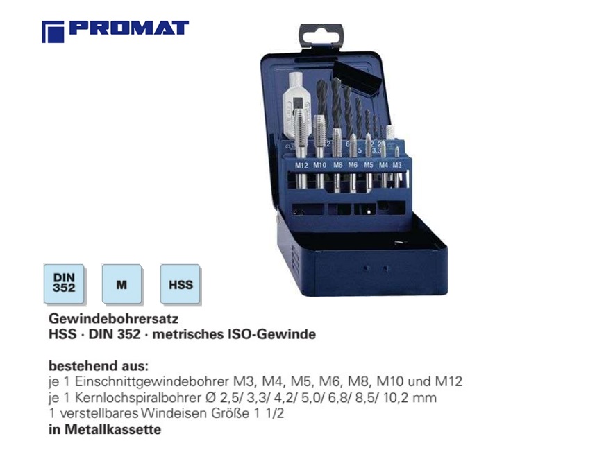 Draadsnijboorset DIN352 M3-M12 15-delig HSS