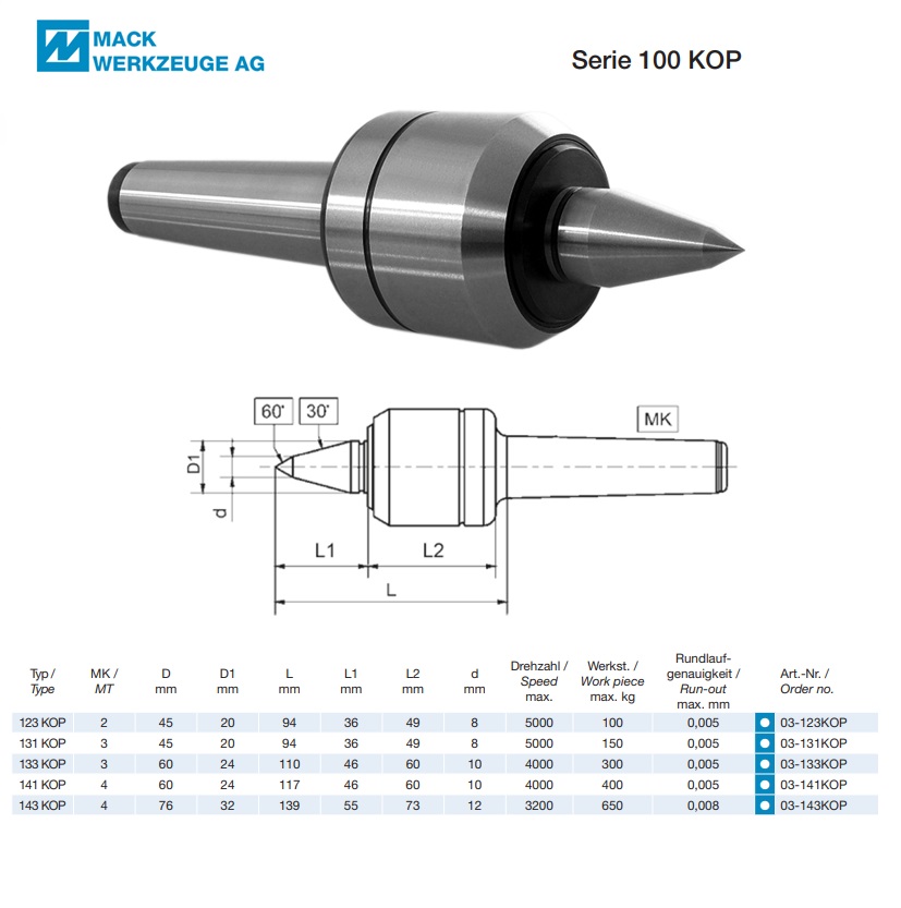 Meedraaiende center type 100 KOP, 30°/D=45, MT 3 | DKMTools - DKM Tools