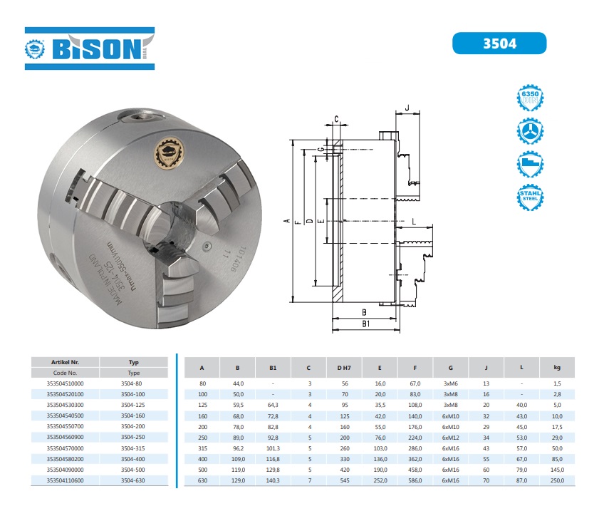 Bison Zelfcentrerende 4 klauwplaat staal DIN55029 D.160mm Gr.4 | DKMTools - DKM Tools