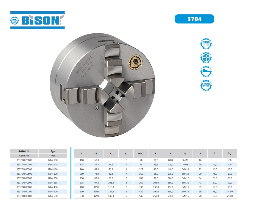 Bison Zelfcentrerende 4 klauwplaat DIN6350 D.100mm Staal