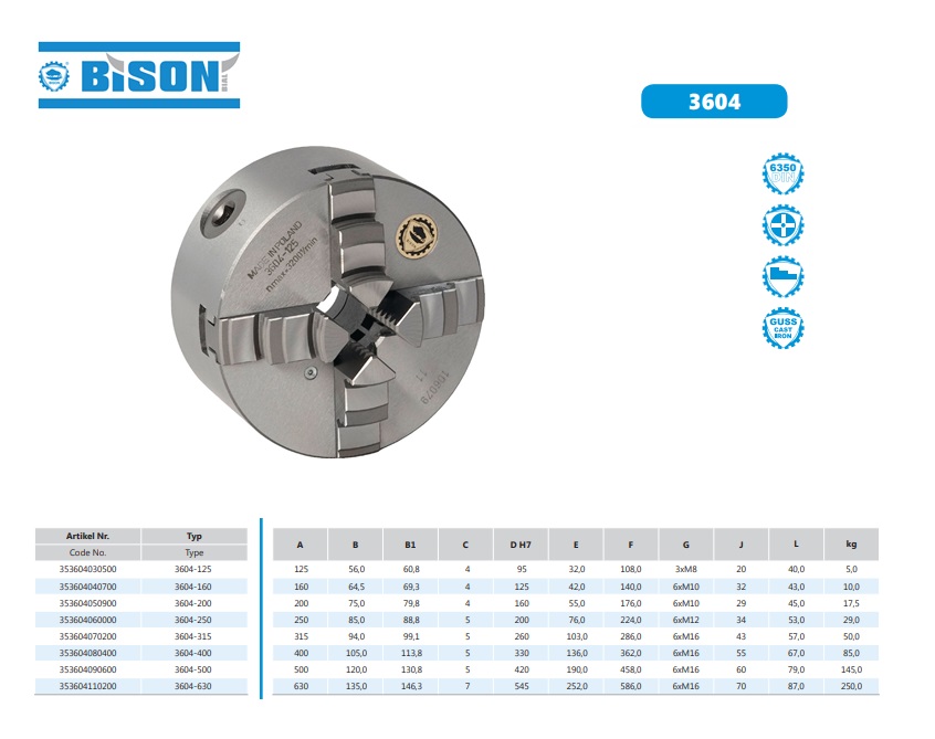 Bison Zelfcentrerende 4 klauwplaat DIN6350 D.125mm