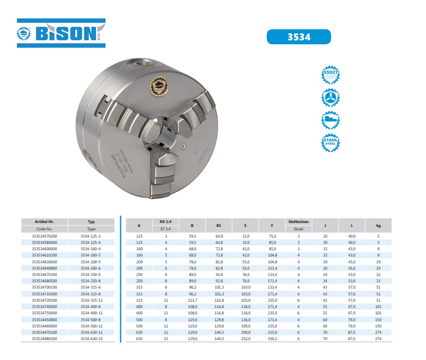 Bison Zelfcentrerende 3 klauwplaat staal DIN55027 D.125mm Gr.3