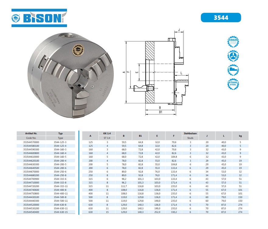 Bison Zelfcentrerende 3 klauwplaat staal DIN55029 D.125mm Gr.3