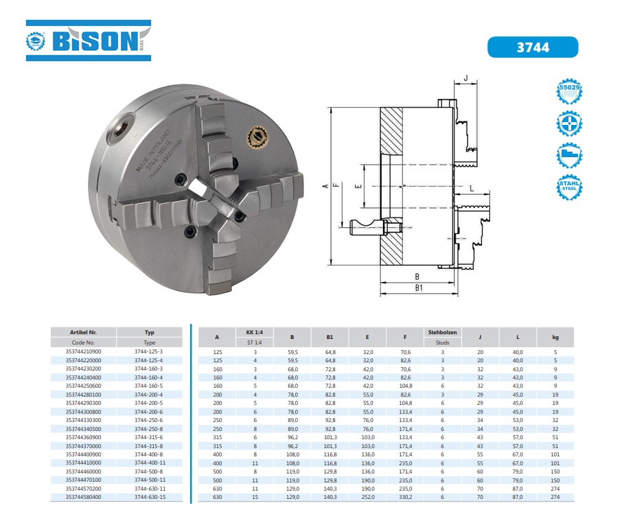 Bison Zelfcentrerende 4 klauwplaat staal DIN55029 D.125mm Gr.3