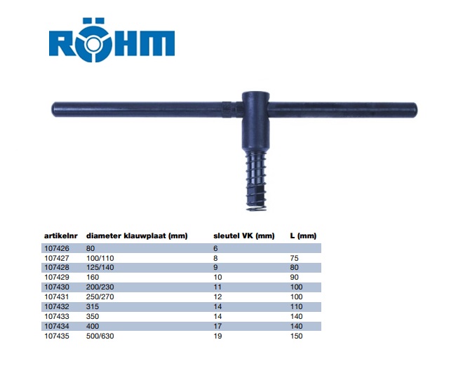 Rohm Klauwplaatsleutel DIN905 D.80mm vierkant en uitwerp veer