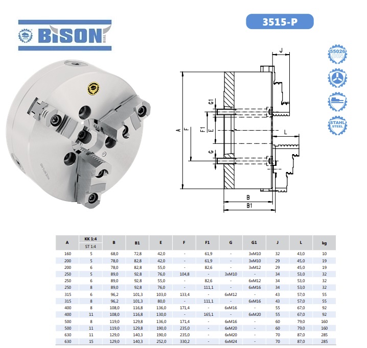 Bison Zelfcentrerende drie klauwplaat DIN55026 3515-160-5-P