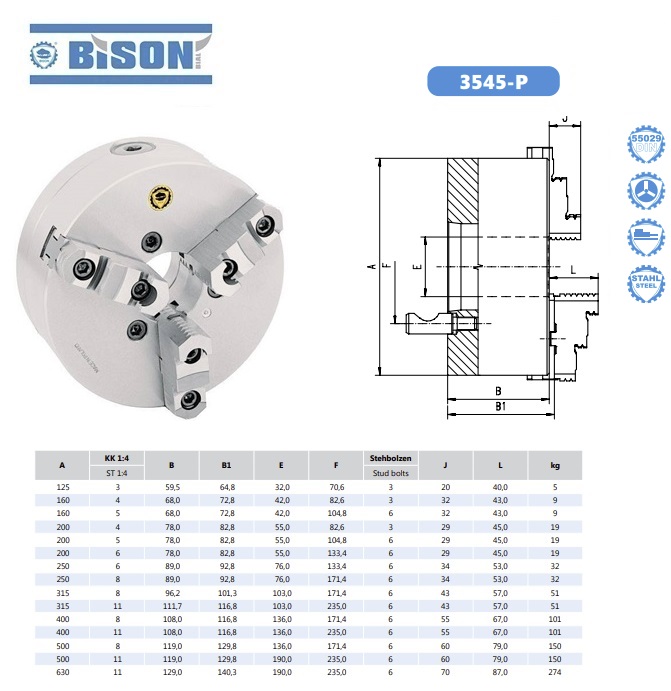 Bison Zelfcentrerende drie klauwplaat DIN55029 3545-125-3-P
