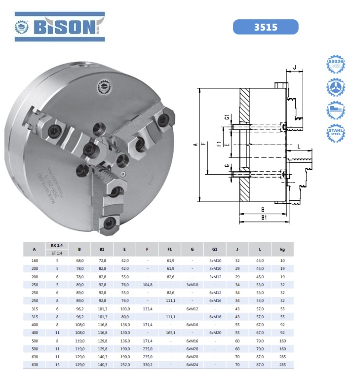 Bison Zelfcentrerende drie klauwplaat DIN55026 3515-160-5