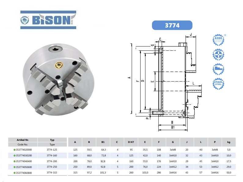 Bison Zelfcentrerende vier klauwplaat DIN6350 3774-125