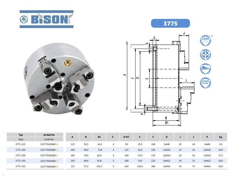 Bison Zelfcentrerende vier klauwplaat DIN6350 3775-125