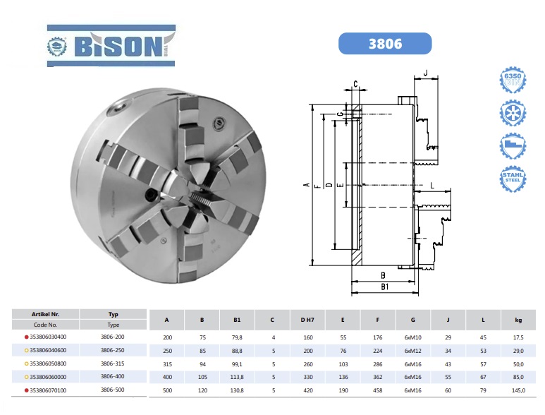 Bison Zelfcentrerende zes klauwplaat DIN6350 3806-200