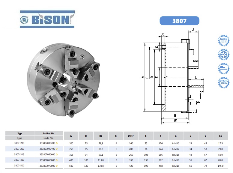 Bison Zelfcentrerende zes klauwplaat DIN6350 3807-200