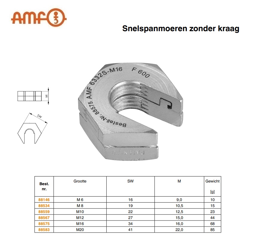 Snelspanmoer zonder kraag M6 AMF 88146