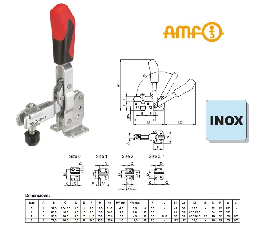 AMF Verticale spanklem met horizontale voet Gr.0 6800NI roestvrij