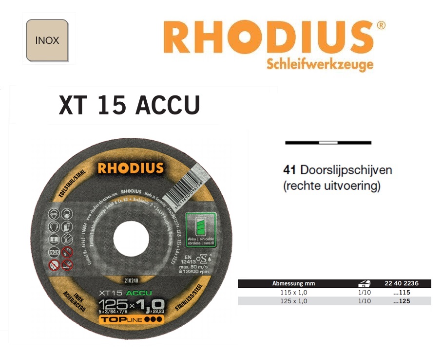 Doorslijpschijf 115x1,0x22,23 XT15 ACCU Rhodius 210247