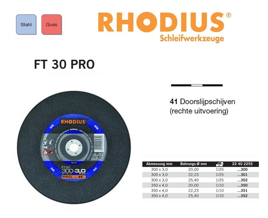 Doorslijpschijf 300x3,0x20,00 FT30 Rhodius 201142