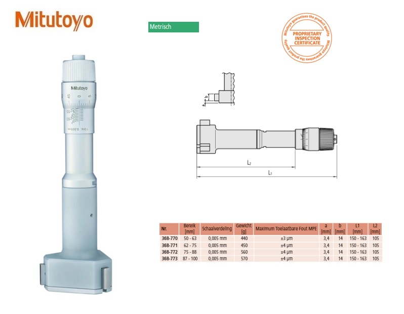 Driepunts Micrometer Holtest 50-63mm, 0,005mm, Economy Type