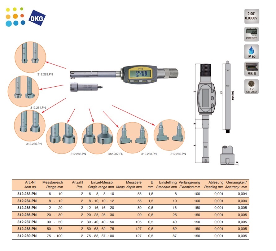 Digitale driepunts binnenschroefmaat set, 6 - 10 mm, verwisselbare meetkoppen