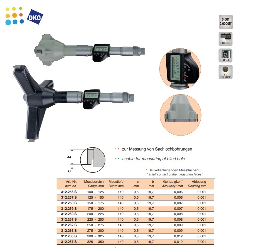 Digitale driepunts binnenschroefmaat, 200 - 225 mm | DKMTools - DKM Tools