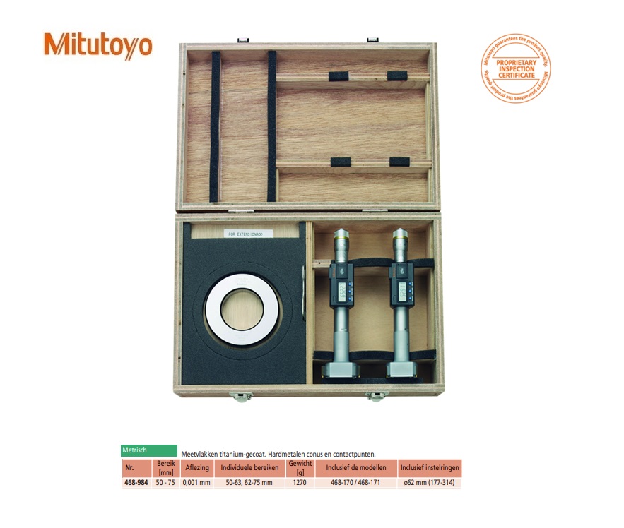 Digital Driepunts Micrometer Set 50-75mm, Complete Unit, IP65, TIN