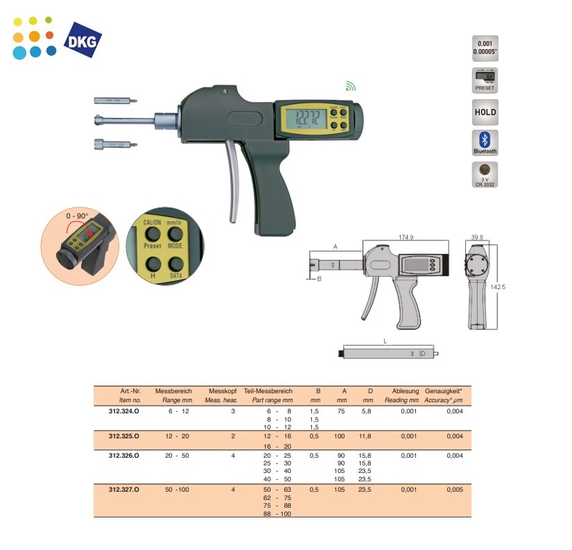 Digitale pistool driepunts binnenmicrometer, 6-12mm