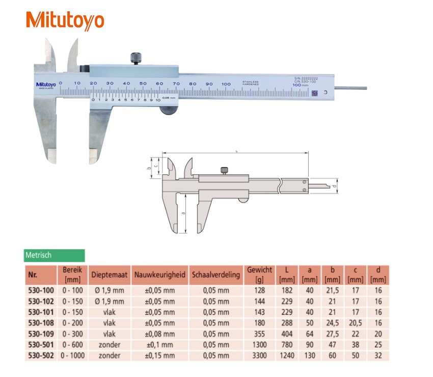 Mitutoyo Schuifmaat met fijnverstelling, lange meetbekken 0-500mm, 0,02mm, met nonius Metrisch | DKMTools - DKM Tools