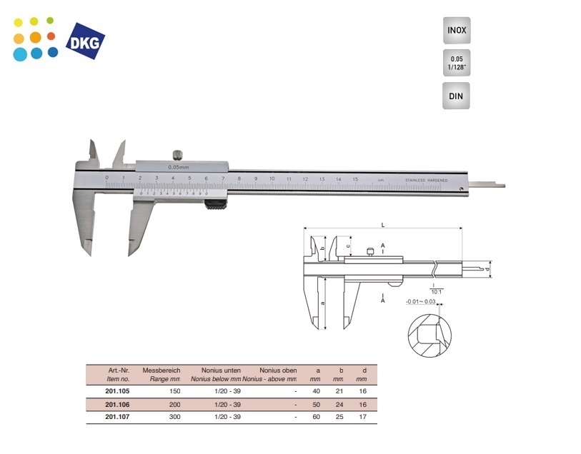 Schuifmaat 0-200mm Metrisch 0,05mm parallax vrij DIN 862 | DKMTools - DKM Tools