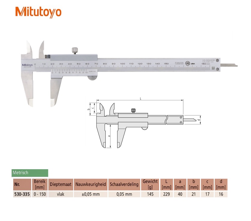 Mitutoyo Schuifmaat, hardmetalen buiten metbekken 0-200mm, 0,05mm, met nonius Metrisch | DKMTools - DKM Tools