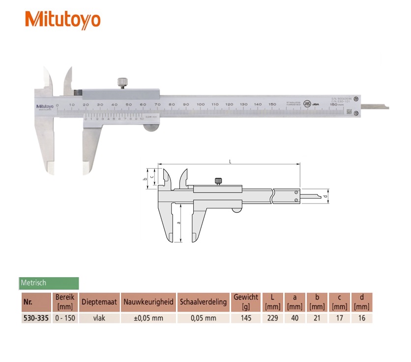 Mitutoyo Schuifmaat, standaard bekken 0-500mm, 0,05mm, met nonius Metrisch | DKMTools - DKM Tools